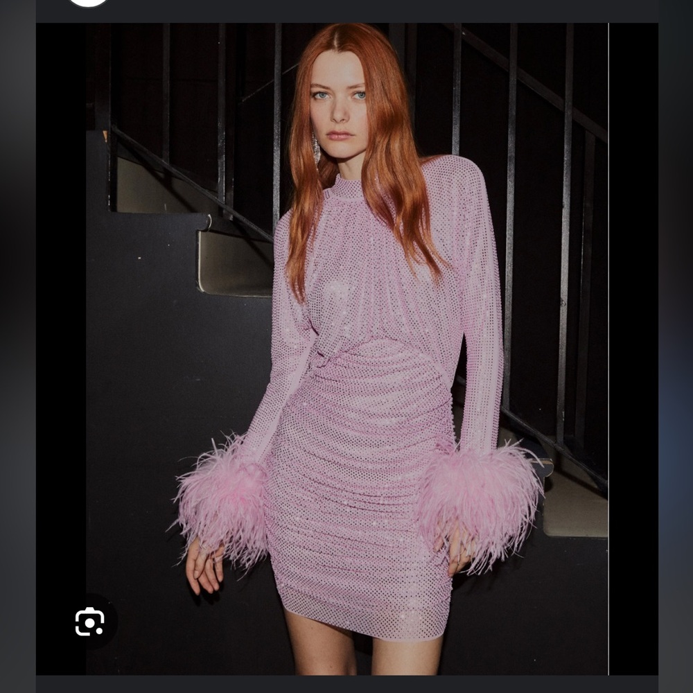 NWT Self Portrait Pink Glitter Mini Dress with Feather Sleeves Size 10